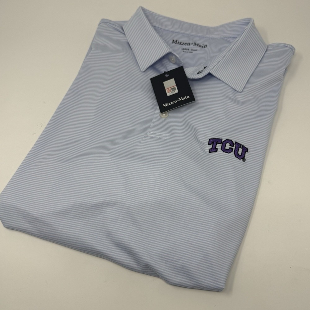NWT Mizzen+Main Versa TCU Horned Frogs Men's Blue/Wht Striped Polo Shirt Large